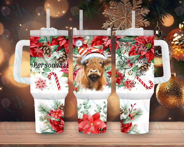 40oz Stainless Steel Tumbler, Highland Cow Christmas