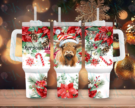 40oz Stainless Steel Tumbler, Highland Cow Christmas