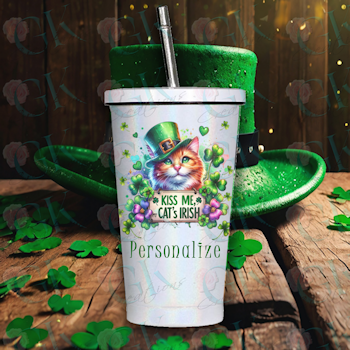 16oz. Sparkle Cup With Straw, Kiss me My Cat's Irish